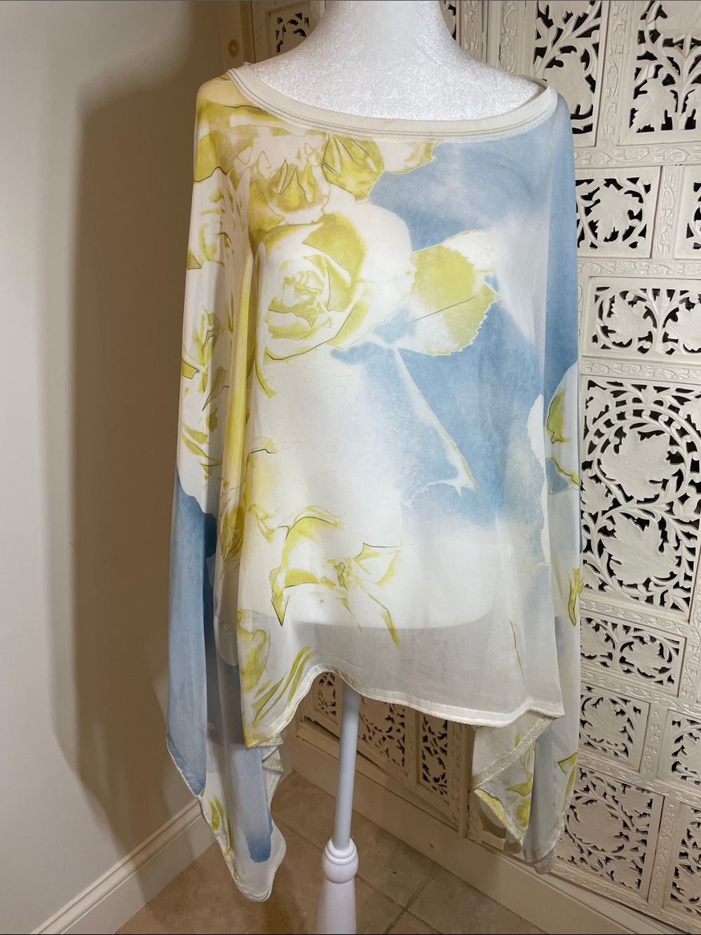 Light Blue & Yellow Floral Chiffon Women's Tunic Top